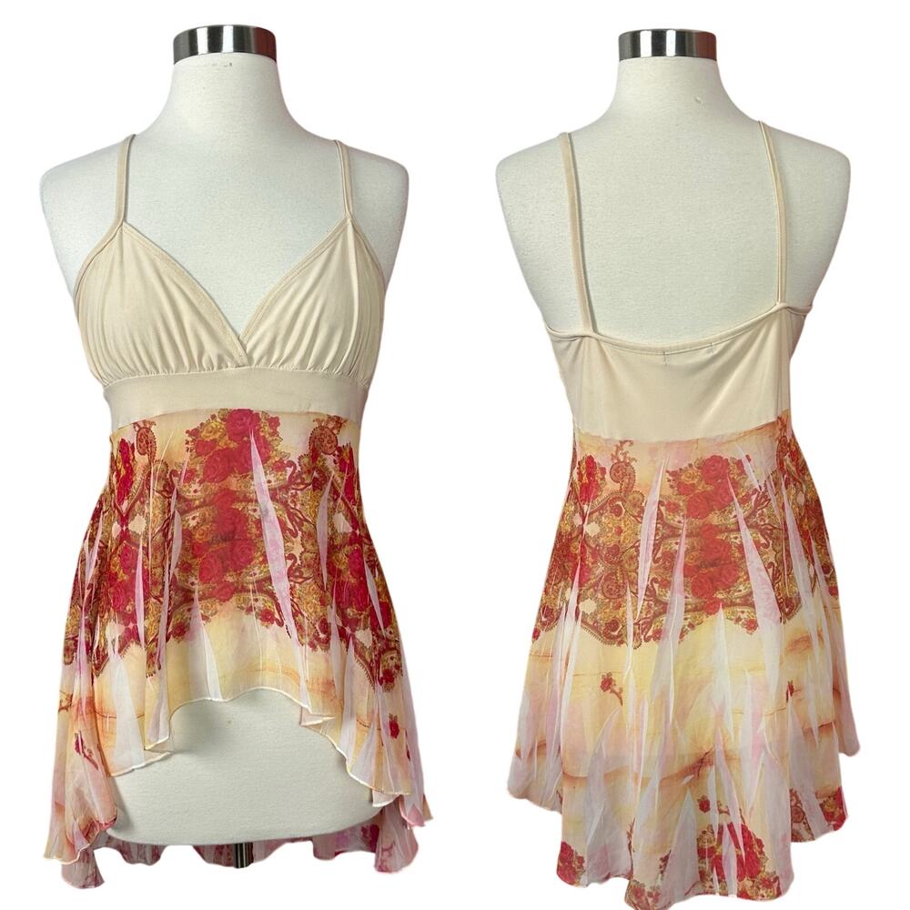 Y2K Babydoll Tank Top Hi-Low Festival Faircyore Cream Orange Size S/M